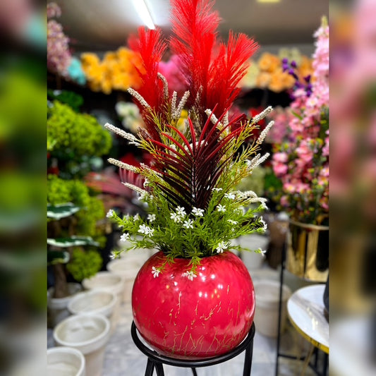 Decorative Ceramic Flower Pot with Artificial Flowers & Metal Stand – 4.5 ft Tall Indoor Floor Vase