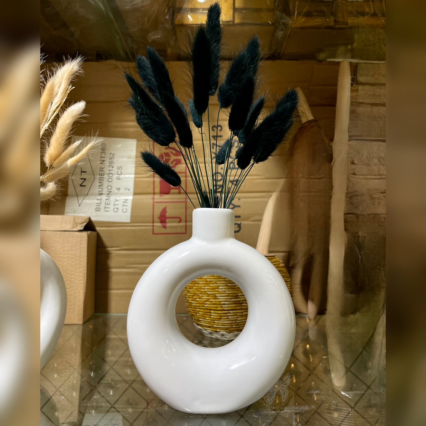 Minimalist White Ceramic Donut Vase with Dried Bunny Tail Grass