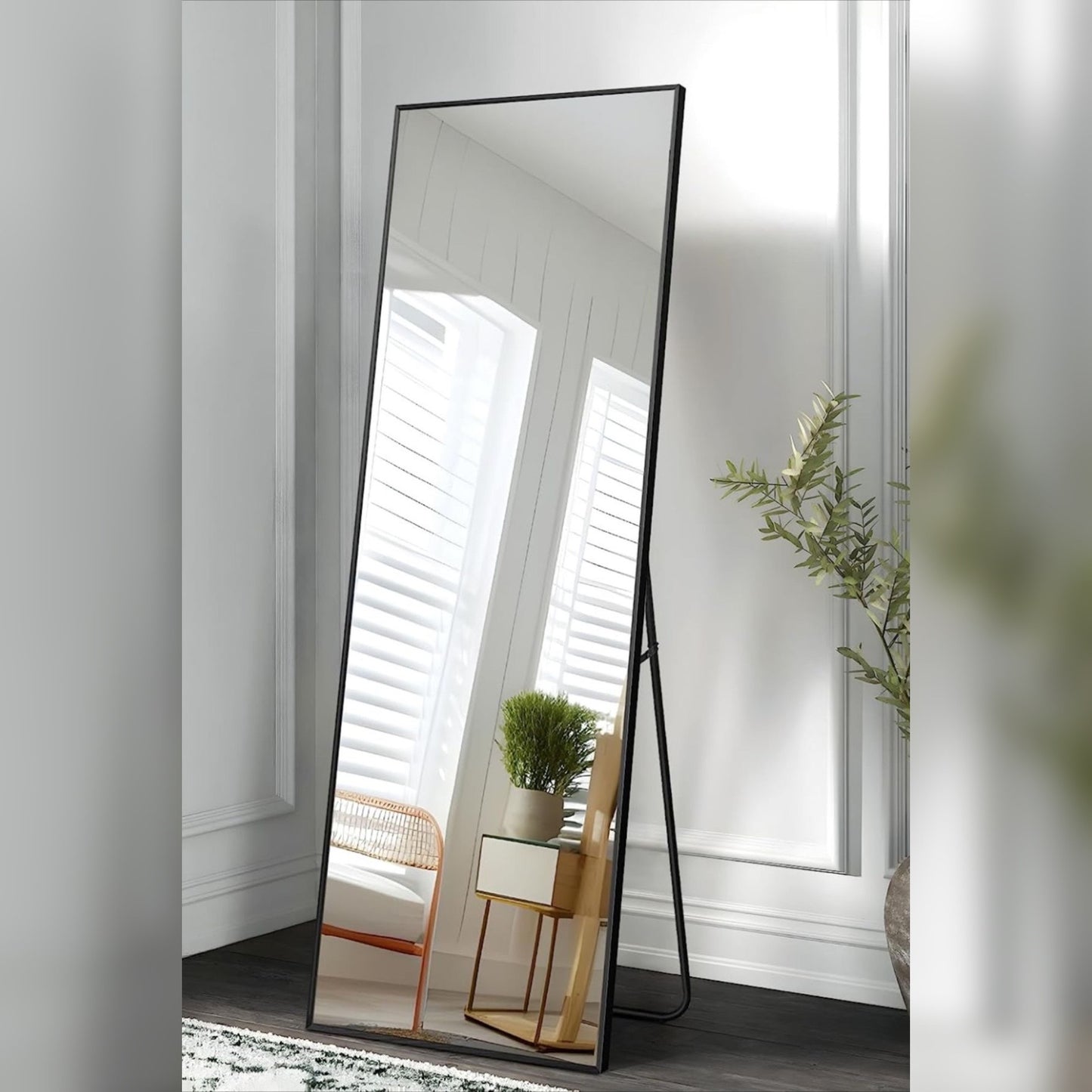 Rectangular Full Length Mirror with Iron Frame | Black & White | Wall Mount + Stand