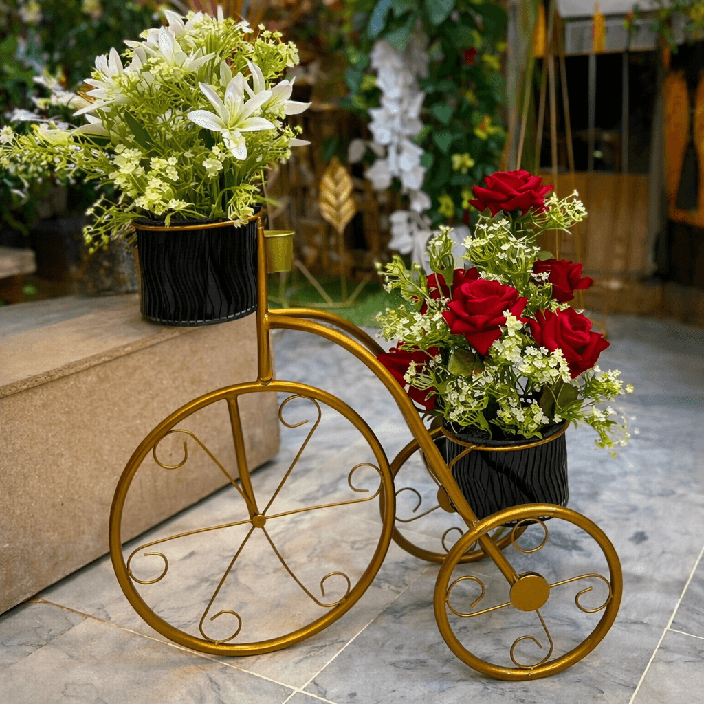Golden Bicycle Planter Stand with Artificial Flowers