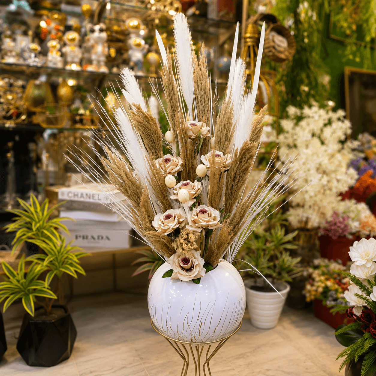 Dried Pampas Flower Arrangement in White Chak Bowl