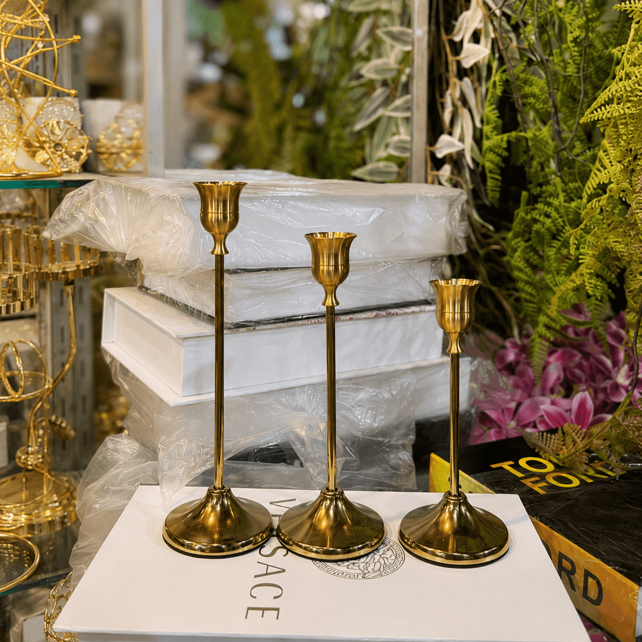 3 Piece Golden Candle Stand Set with Plastic LED Spiral Candles