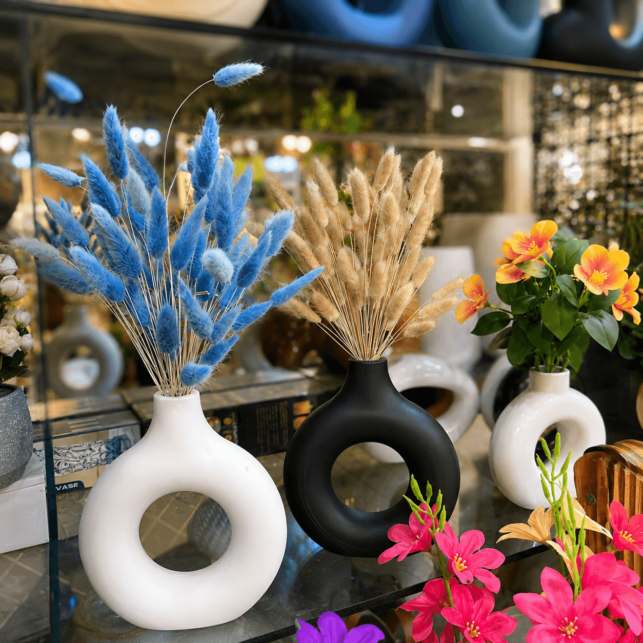 White Donut Vase with Blue Bunny Tails
