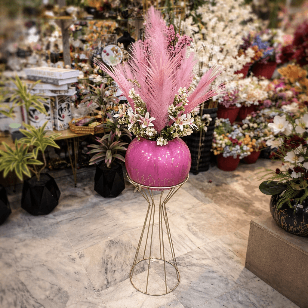 pink Bowl with Flower Arrangement & Metal Stand