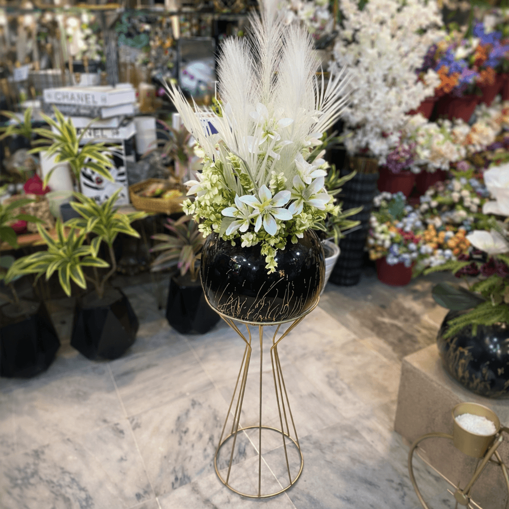 Black Bowl with Flower Arrangement & Metal Stand