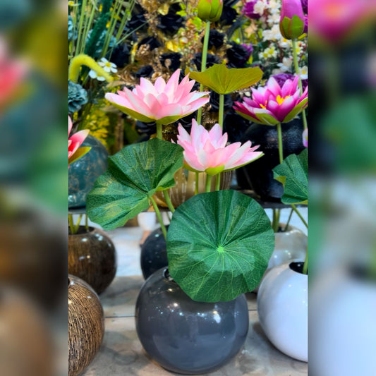 Round Ceramic Pot with Artificial Pink Lotus Flowers – Decorative Flower Vase for Home & Office