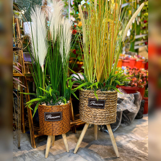 Artificial Grass Plant with Woven Basket & Wooden Stand