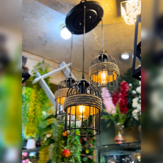 Rustic 3-Light Cage Pendant Chandelier – Vintage Hanging Ceiling Lamp with Rope Detail for Living Room