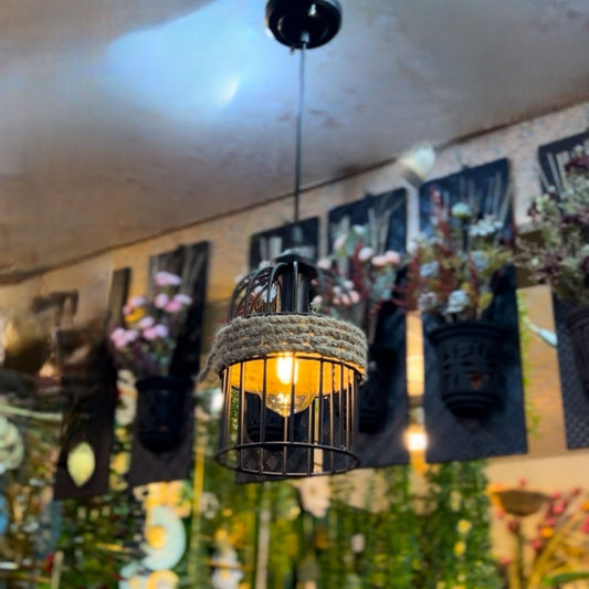 ustic Cage Pendant Light – Vintage Hanging Ceiling Lamp with Rope Detail for Living Room