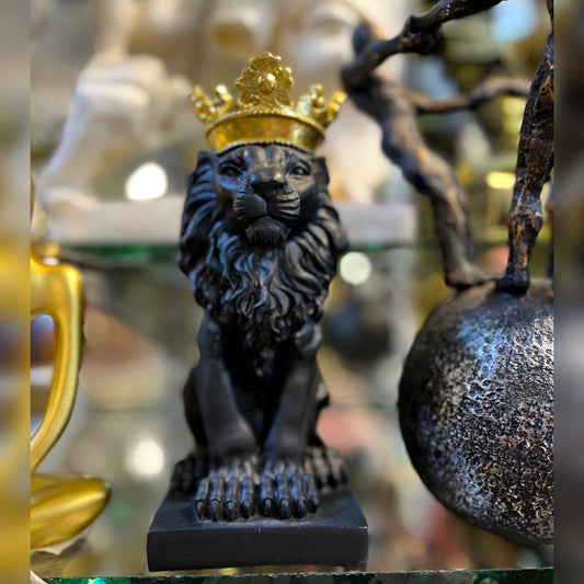 8 Inch Black Resin Lion Statue with Golden Crown – Royal Home Decor & Collectible Figurine