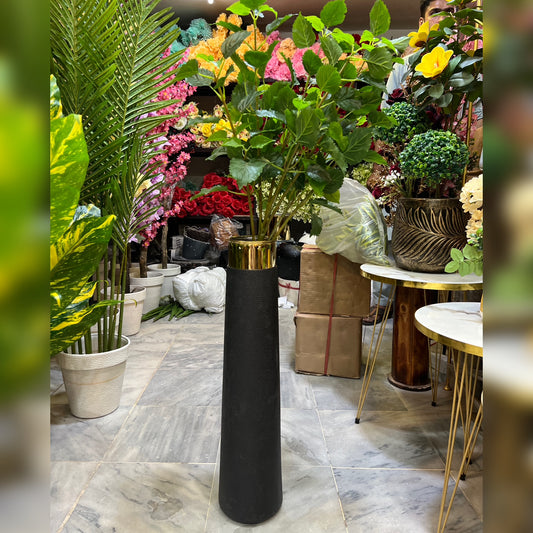 Tall Black & Gold Floor Vase with Artificial Green Arrangement