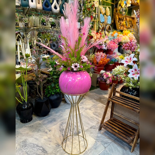 Pink Chalk Bowl with Premium Floral Arrangement on Golden Metal Stand