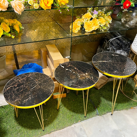 Set of 3 Modern Coffee Tables Black Marble Top with Golden Metal Legs