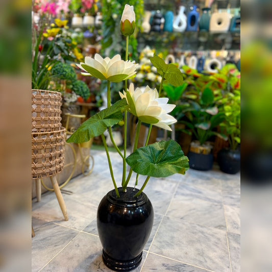 Black Shiny Ceramic Vase with White Lotus Lily Floral Arrangement