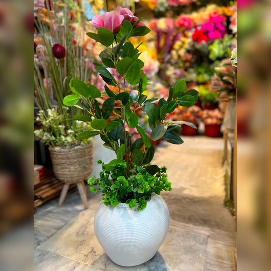 Artificial Plant & Floral Arrangement in White Chalk Round Pot