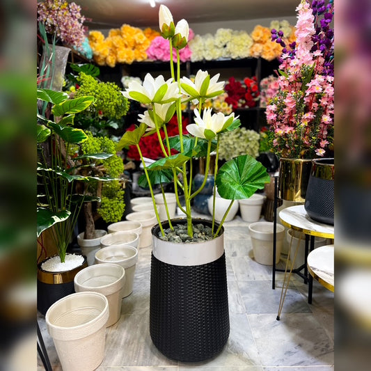 Artificial White Lotus Flower with Decorative Black Pot