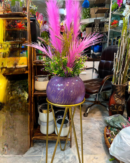 Decorative Purple Chalk Planter with Gold Metal Stand