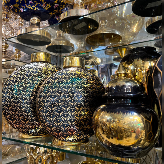 Set of 3 Black & Gold Ceramic Vases and Decorative Jars – Luxury Home Decor with Intricate Patterns