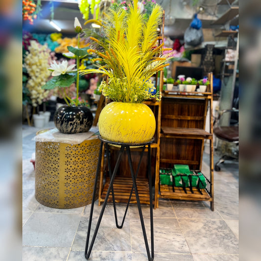 Modern Yellow Chalk Pot with Metal Stand | 5ft Decorative Plant Arrangement for Home & Office