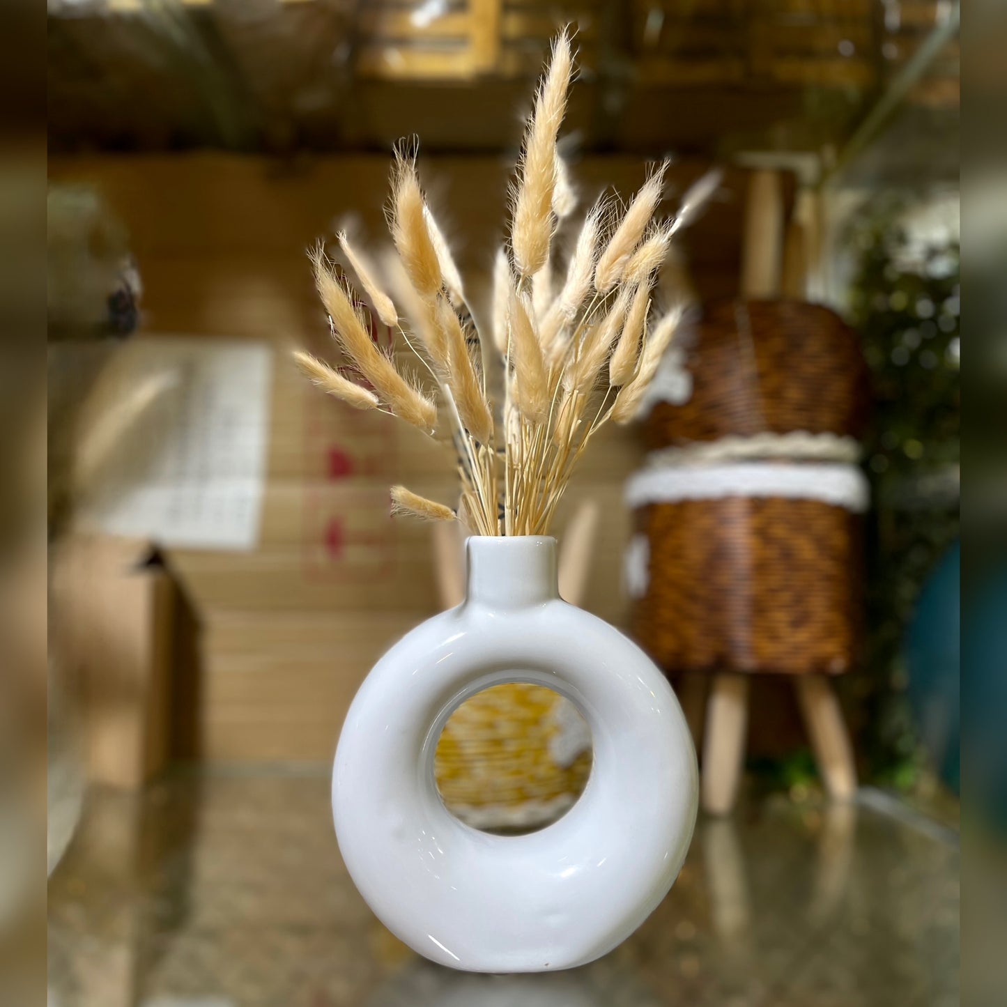 Minimalist White Ceramic Donut Vase with Dried Bunny Tail Grass