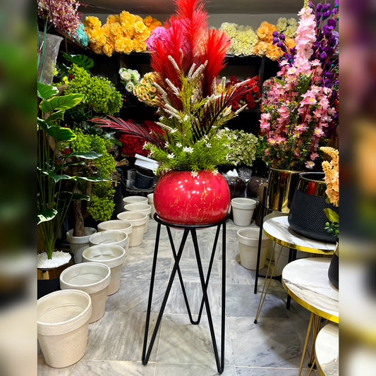 Decorative Ceramic Flower Pot with Artificial Flowers & Metal Stand – 4.5 ft Tall Indoor Floor Vase