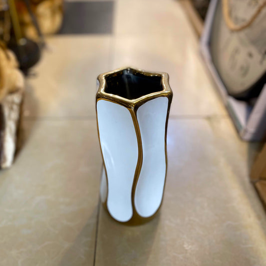 Modern Geometric Ceramic Vase White & Gold Porcelain Decorative Flower Pot for Living Room & Table Decor