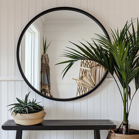 Round Wall Mirror with Iron Frame – Modern Decorative Mirror for Living Room, Bedroom & Hallway