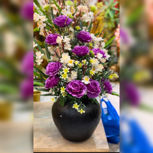 Artificial Rose and Lily Flower Arrangement in Black Ceramic Vase – Decorative Floral Centerpiece for Home & Office Décor