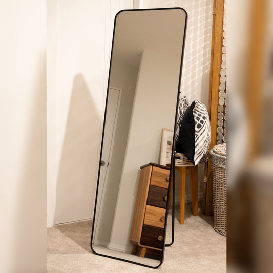 Rectangular Full Length Mirror with Iron Frame | Black & White | Wall Mount + Stand